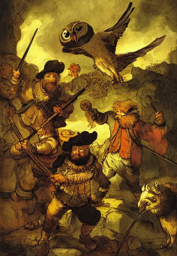 Prompt: graphic novel about grumpy owl mercenary fighting with goat barbarians, colourful, by rembrandt