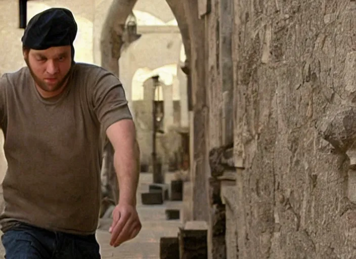 Prompt: scene from a 2 0 1 0 film set in 1 4 5 0 showing a man wearing a t - shirt