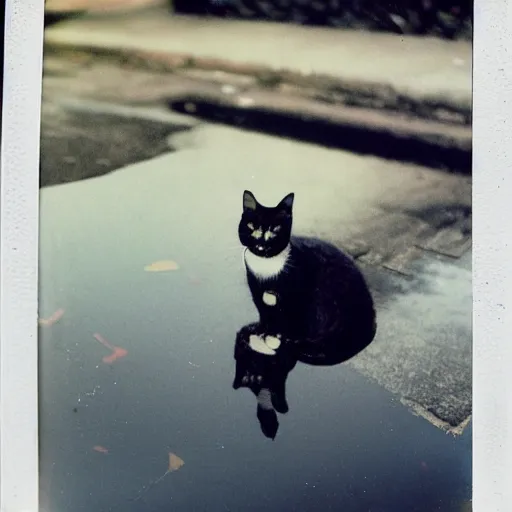 Image similar to wide-shot very low-angle eyesight first-person reflection of a cat in the puddle at the street, polaroid photo, by Andy Warhol, signed