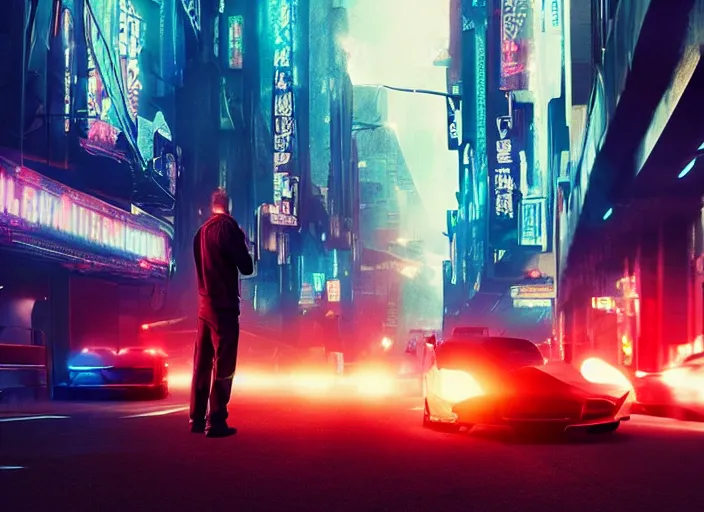 Prompt: Bladerunner2049 street racing man leaning cool pose on his black sports car red emissives volumetric lighting Cyberpunk RTX ray marching street
