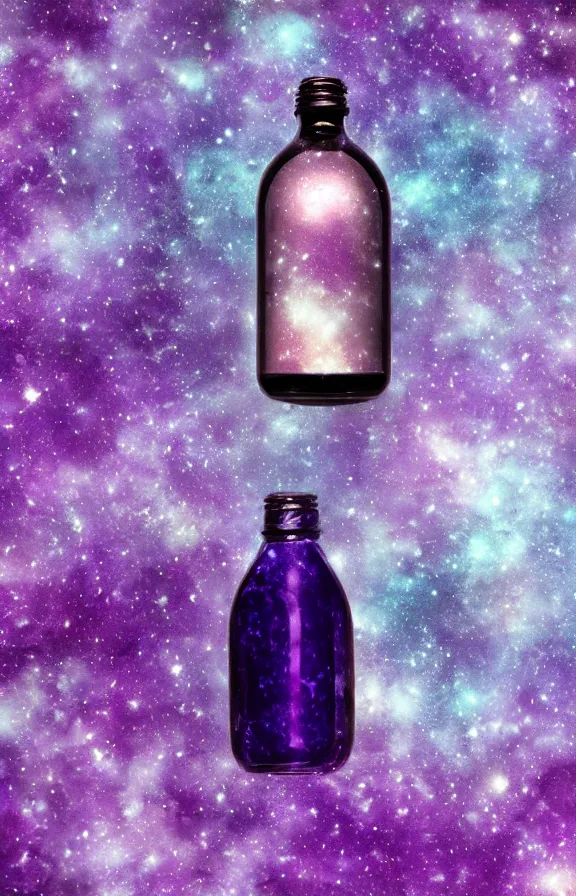 Prompt: purple liquid inside a bottle, universe background, minimalist artwork, symmetrical