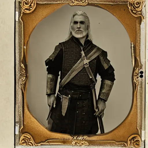 Image similar to wet plate photo of geralt of rivia dressed in colonial uniform