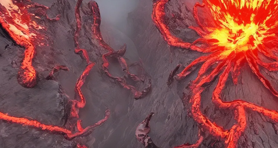 Image similar to a volcano made of ivory vines and crimson rocks enters in eruption, it spits a smoke in the shape of demonic eye, with Unreal Engine