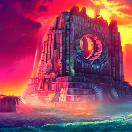 Image similar to ancient atlantis, retrowave epic art, trending on art station