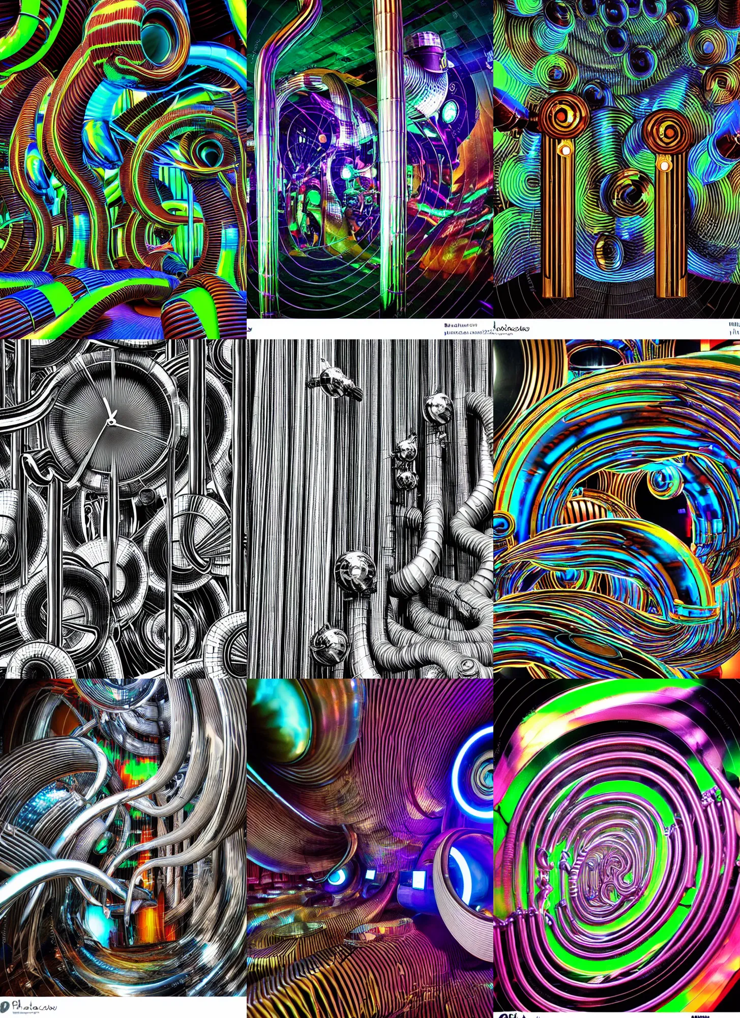 Prompt: scanlines supersede slick chrome grandfather clocks flowing caustically between giant snails of phantasmagorical corrugated pipe people that drift and dance to dropped beats and mashed pot pits