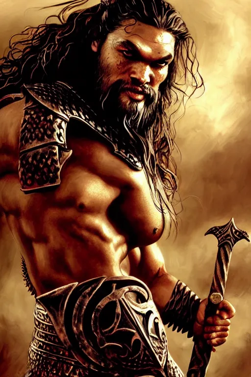 Image similar to beautiful portrait oil painting, jason momoa conan the barbarian thor standing on huge pile of skulls in dystopian battlefield of zombies, wearing royal crimson fantasy ornate spartan dragon scale armor, wet skin and hair, muscular!!!, battle action pose, frank frazetta, boris vallejo, greg rutkowski, beautiful cinematic light, low angle, frank miller, ridley scott, high contrast