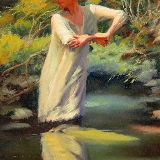 Prompt: A body art of a beautiful scene of nature. The colors are very soft and muted, and the overall effect is one of serenity and peace. The composition is well balanced, and the brushwork is delicate and precise. by Patricia Polacco, by Raymond Leech