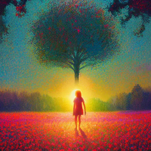 Image similar to girl merging with flower, standing in a flower field, big trees, sunrise dramatic light, impressionist painting, colorful clouds, digital painting, pointillism, artstation, simon stalenhag