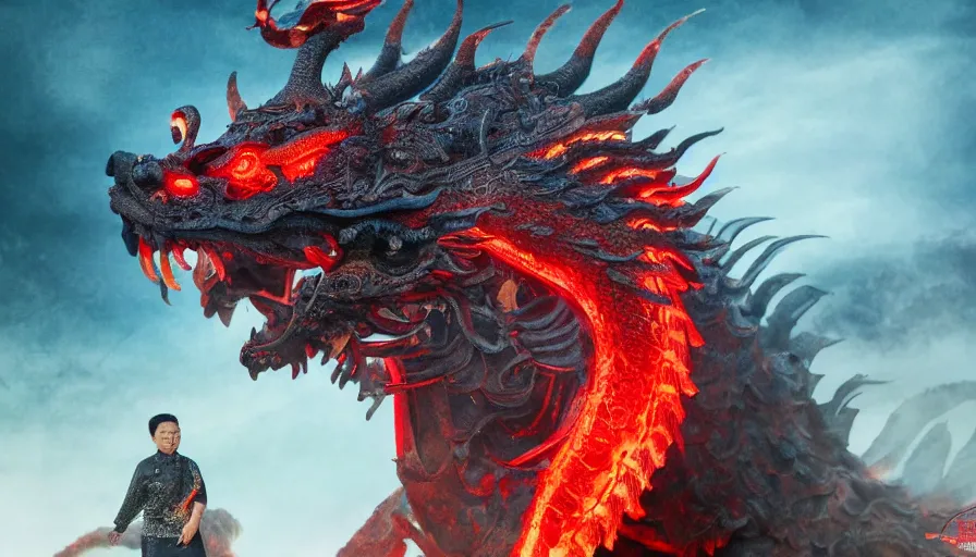 Prompt: close up cinematic artwork of President Xi with glowing red eyes riding on a Chinese dragon by greg rutowski, masterpiece, 4k