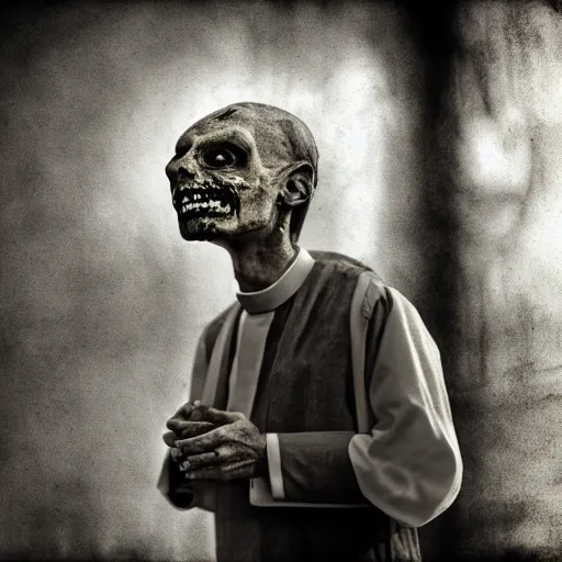 Prompt: a priest with no mouth holding a zombie head, realistic, found footage style, sepia photography