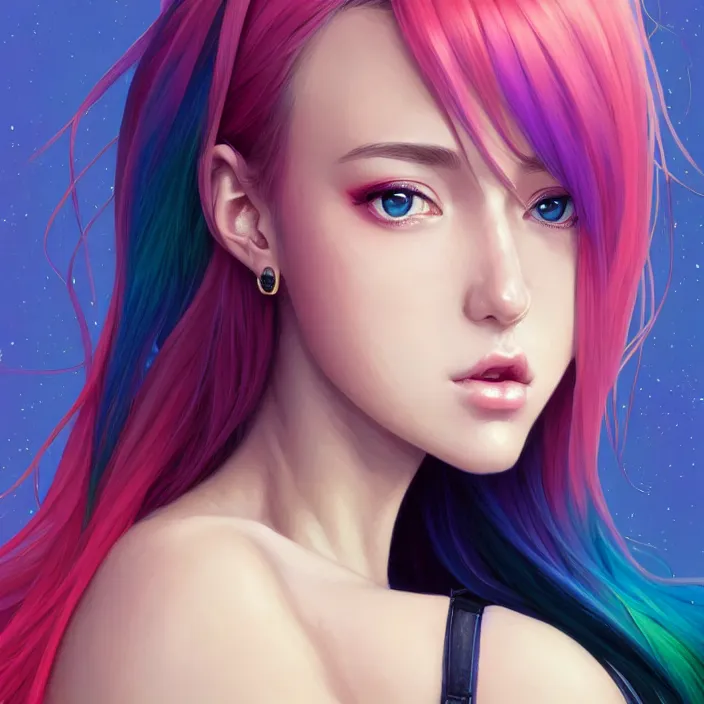 Image similar to half body portrait of beautiful symmetrical anime girl, rainbow hair, attractive, casual, modern, victoria's secret, highly detailed, digital painting, artstation, concept art, smooth, sharp focus, illustration, art by moebius, artgerm, greg rutkowski and alphonse mucha, 8 k,