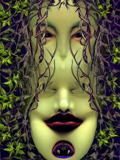 Image similar to The Hanging-Gardens of Pareidolia, lobelia, ivy, verbena and pothos growing facial features and optical-illusions, aesthetic!!!!!!!!!!, by Chris Tulloch McCabe in the style of Gerald Brom,