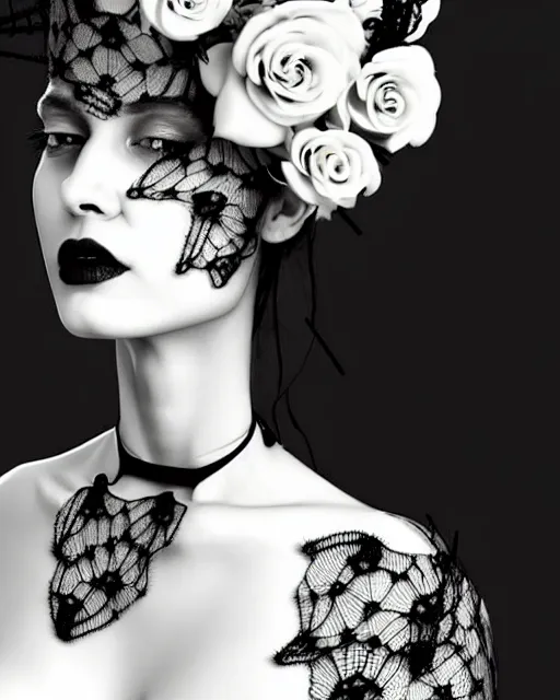 Prompt: dreamy surreal poetic black and white 3D render of a beautiful young porcelain female-cyborg-vegetal with a very long neck and a super big gothic lace collar filled with dead flies and a very high big floral crown with many black dry roses:: smoke, high fashion, haute couture, rococo, avant-garde, elegant, dreamy, hyper realistic, 150 mm lens, soft rim light, octane render, unreal engine, volumetric lighting, dramatic light,8k,