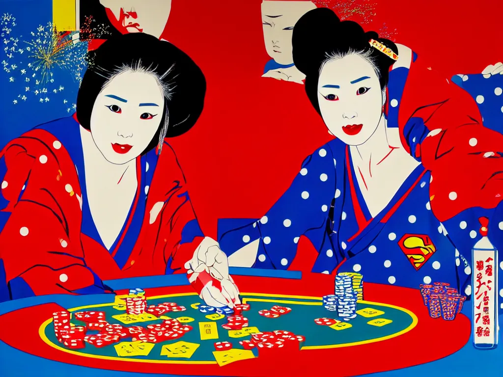 Image similar to hyperrealism composition of the detailed woman in a japanese kimono sitting at a poker table with superman, fireworks on the background, pop - art style, jacky tsai style, andy warhol style, acrylic on canvas