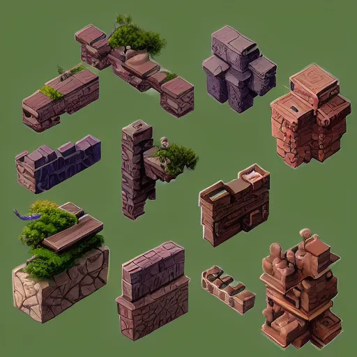 Prompt: an asset package contaning different isometric blocks from a town from a rpg game by Stanley Artgerm Lau, game pack, assets, WLOP, Rossdraws, James Jean, Andrei Riabovitchev, Marc Simonetti, and Sakimichan, trending on artstation , assets, HD , strong contrast