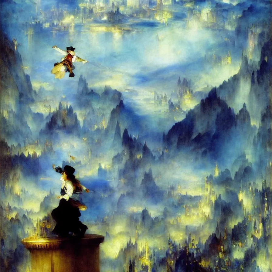 Prompt: tightrope artist ( funambule ) walking among the clouds above a city of mirrors. painted by thomas moran. blue and indigo color scheme.