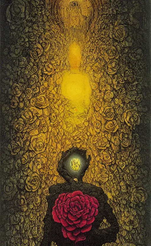 Image similar to the eldritch king in yellow covered by beautiful roses by beksinski, tarot card, strange frames, ghibli, minimalist, very colorful