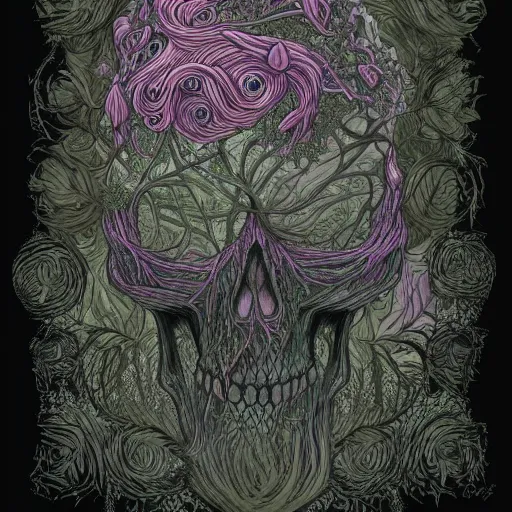 Prompt: overgrown skull inspired by René Laloux,Dan Mumford,twisted ivy vines,moss,black roses