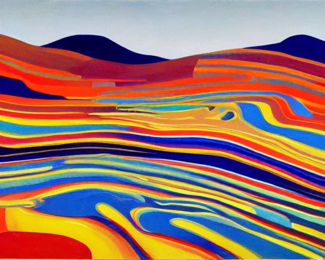 Image similar to A wild, insane, modernist landscape painting. Wild energy patterns rippling in all directions. Curves, organic, zig-zags. Saturated color. Mountains. Clouds. Rushing water. Wayne Thiebaud.