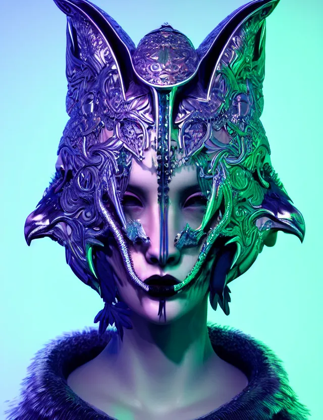 Image similar to 3 d goddess close - up profile portrait with raven skull. beautiful intricately detailed avante garde wolf mask and futurepunk outfit. neon moths, bio luminescent, frost, splash,, creature, artwork by tooth wu and wlop and beeple and greg rutkowski