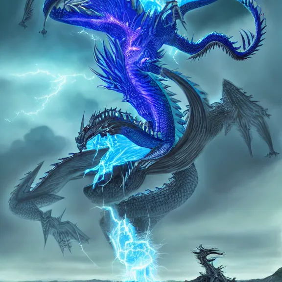 Prompt: blue dragon ghost, lightning, lake background, gerald brom, hyper detailed, 8 k, fantasy, dark, grim