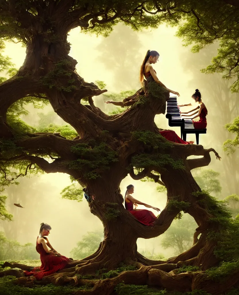 Image similar to woman playing a piano sitting on a giant tree, very detailed, 8k, maximized, ornate, masterpiece, complex, by Greg rutkowski, Alex Gray, surrounded by smoke