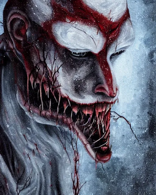 Prompt: Horrifying detailed painting of a pale, emaciated humanoid creature. It has sharp teeth and claws with pale milky eyes; snow, woods, blood; dark cinematic lighting, hyper detailed, moody