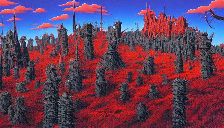 Prompt: a solitary black fortress covered in spikes, red lake, artwork by greg hildebrandt, vibrant colors