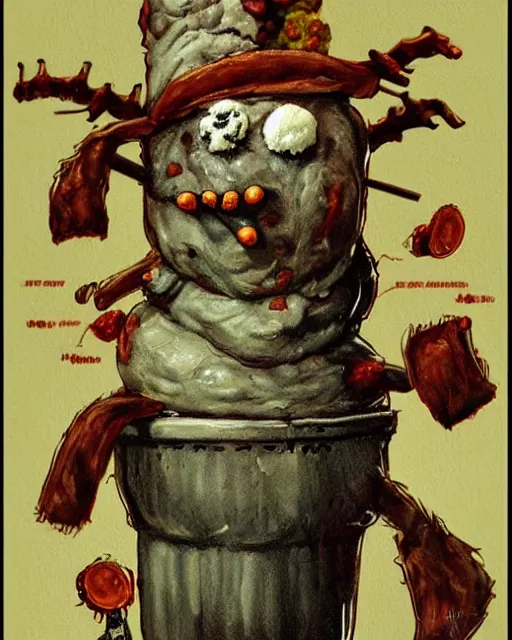 Prompt: snowman made of meat, horror art by bernie wrightson, artstation, still from horror movie, full body