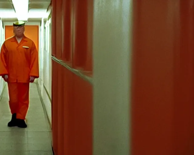 Image similar to establishing shot, film still of donald trump wearing orange prison pajamas locked up in an asylum prison padded cell, cinematic masterpiece, octane, dramatic lighting, very detailed