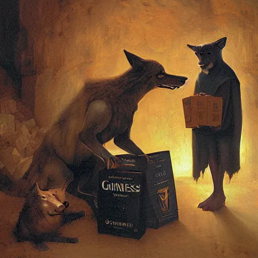 Image similar to young man in orange t - shirt hides his face behind box of guinness beer, two wolves on either of his sides by hieronymus bosch, greg rutkowski, anna podedworna