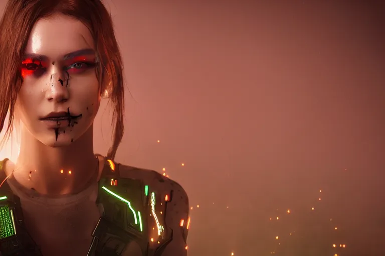 Image similar to Cyborg ​​girl transforming face fangs, syringes, forest, fog, volumetric light, cinematic, style by Cyberpunk 2077
