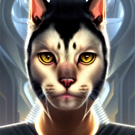 Image similar to UHD Photorealistic Feline-human hybrid Starfleet Officer with cybernetic implants, hyperrealistic, correct details, cosmic dynamic lighting, symmetrical face, accurate face, by Greg Rutkowski
