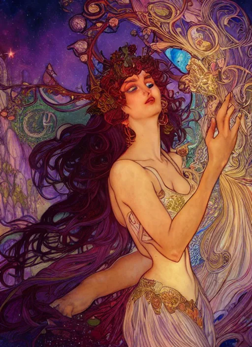 Image similar to Goddess of the Moon, ambient lighting, 4k, josephine wall, alphonse mucha, lois van baarle, ilya kuvshinov, rossdraws, artstation