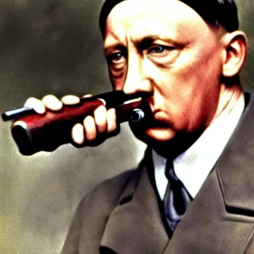 Image similar to a hyper realistic colorized photo of hitler with the gun in his mouth, close - up shot