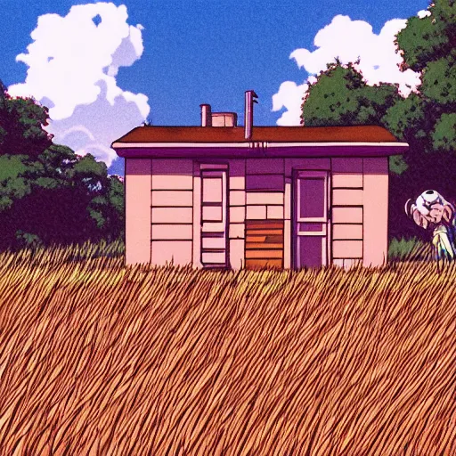 Prompt: a highly detailed 80's anime illustration of a cottage in a grass field, retro, sharp focus, dramatic composition, epic scale, intricate, volumetric lighting, no blur, no dof
