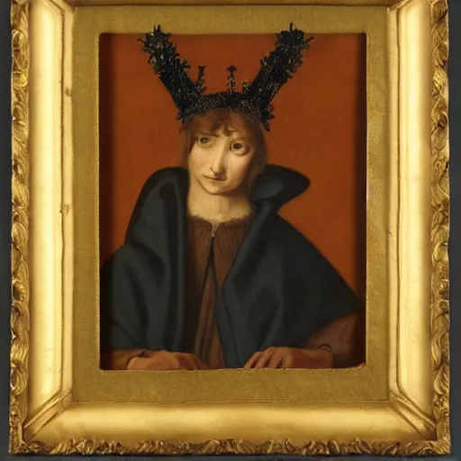 Image similar to renaissance style portrait of an alpine chamois wearing a crown and a cape, dark background