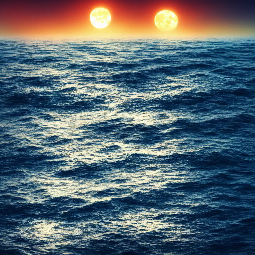 Prompt: photorealistic photograph of the ocean surface inside the sky highlighting the moon, vivid colors, moody, 4k