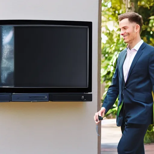 Prompt: a man in a suit wearing a tv while walking, front door camera