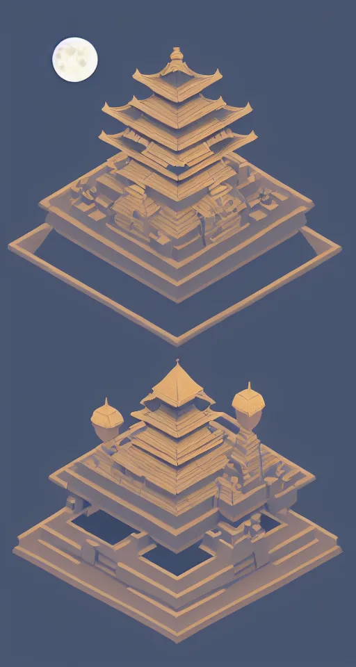 Image similar to geometric design isometric japanese temple with full blood-moon behind the top, trending on artstation, 3D render, monument valley