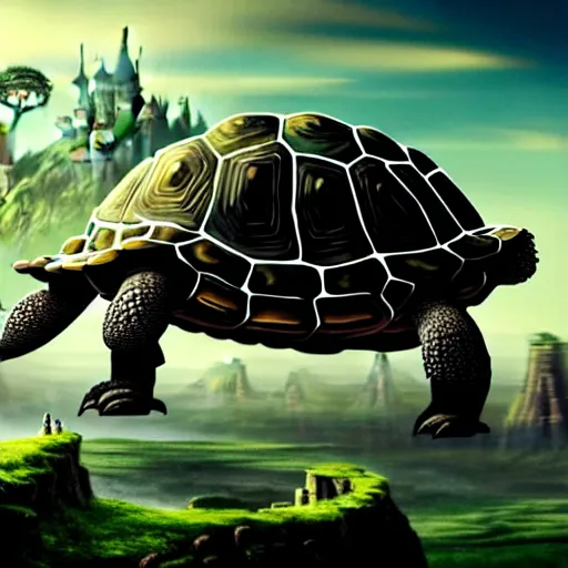 Image similar to giant tortoise walking with a large fantasy castle rising growing from the top of it, distant shot birds eye view, fantasy, hyper detailed, 4 k, howls moving castle, mortal engines,