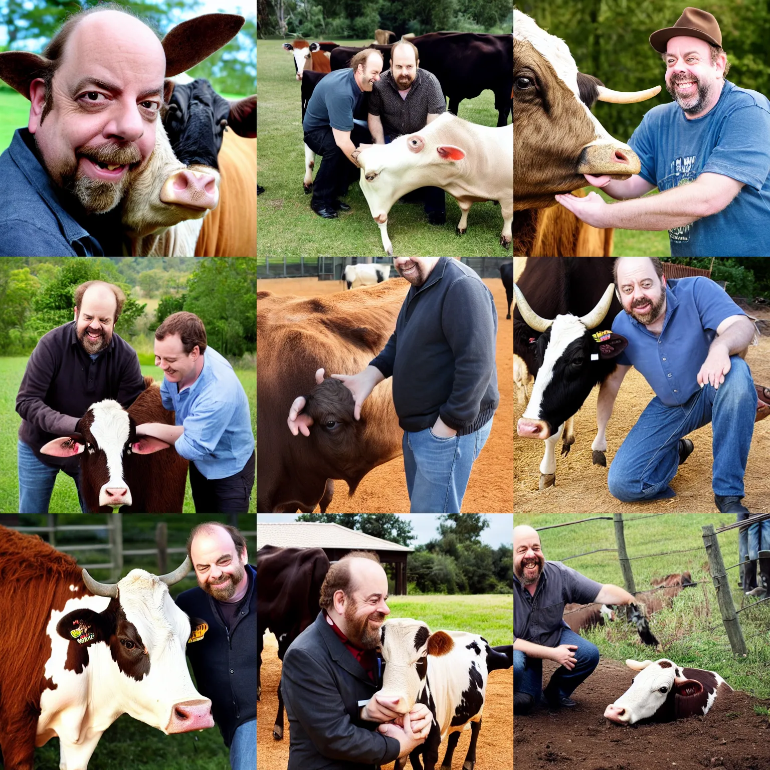 Prompt: smiling paul giamatti petting a cow, professional photo