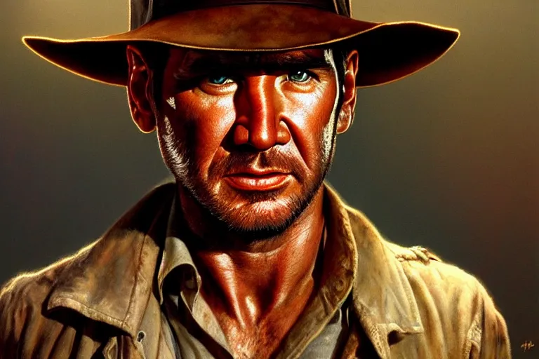 Prompt: hyperrealistic mixed media painting of Indiana Jones, perfect facial symmetry, dim volumetric lighting, 8k octane beautifully detailed render, post-processing, portrait, extremely hyper-detailed, intricate, epic composition, realistic eyes, cinematic lighting, masterpiece, trending on artstation, stunning, art by P. Craig Russell and Barry Windsor-Smith