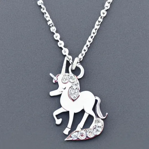 Image similar to a lovely cute silver cartoon unicorn necklace pendant, pandora style, tiffany style, swarovski style, van cleef & arpels style, cartier style, boucheron style, bulgari style, chaumet style, elegant, noble, stylish