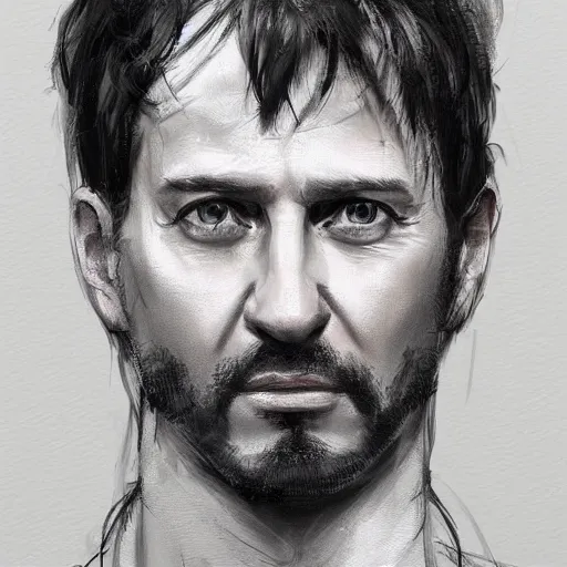 Image similar to Portrait of a man by Greg Rutkowski, he is about 40 years old, short black hair with bangs, his features are a mix between French, Turkish and Russian, dad vibes, he is wearing a white and black utility jumpsuit, highly detailed portrait, digital painting, artstation, concept art, smooth, sharp foccus ilustration, Artstation HQ.