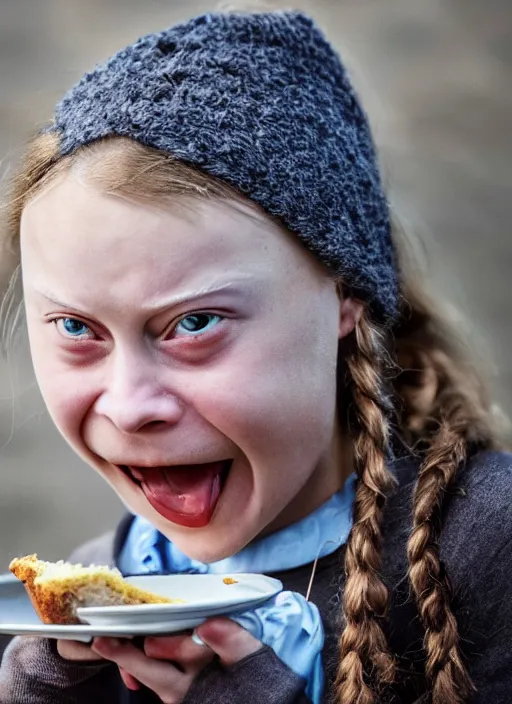 Image similar to closeup portrait of greta thunberg as a medieval goblin eating cakes, depth of field, zeiss lens, detailed, symmetrical, centered, fashion photoshoot, by Annie Leibovitz and Steve McCurry, David Lazar, Jimmy Nelsson, Breathtaking, 8k resolution, extremely detailed, beautiful, establishing shot, artistic, hyperrealistic, beautiful face, octane render