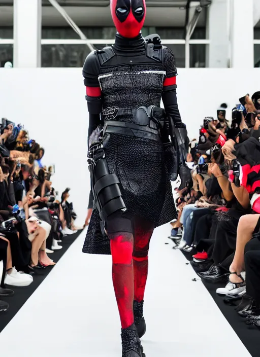 Image similar to hyperrealistic and heavy detailed balenciaga runway show of deadpool, leica sl 2 5 0 mm, vivid color, high quality, high textured, real life