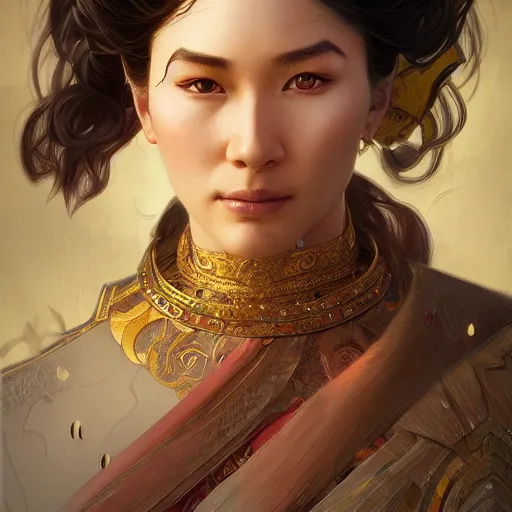 Image similar to portrait of mongolian knight, elegant, intricate, headshot, highly detailed, digital painting, artstation, concept art, sharp focus, illustration, art by artgerm and greg rutkowski and alphonse mucha