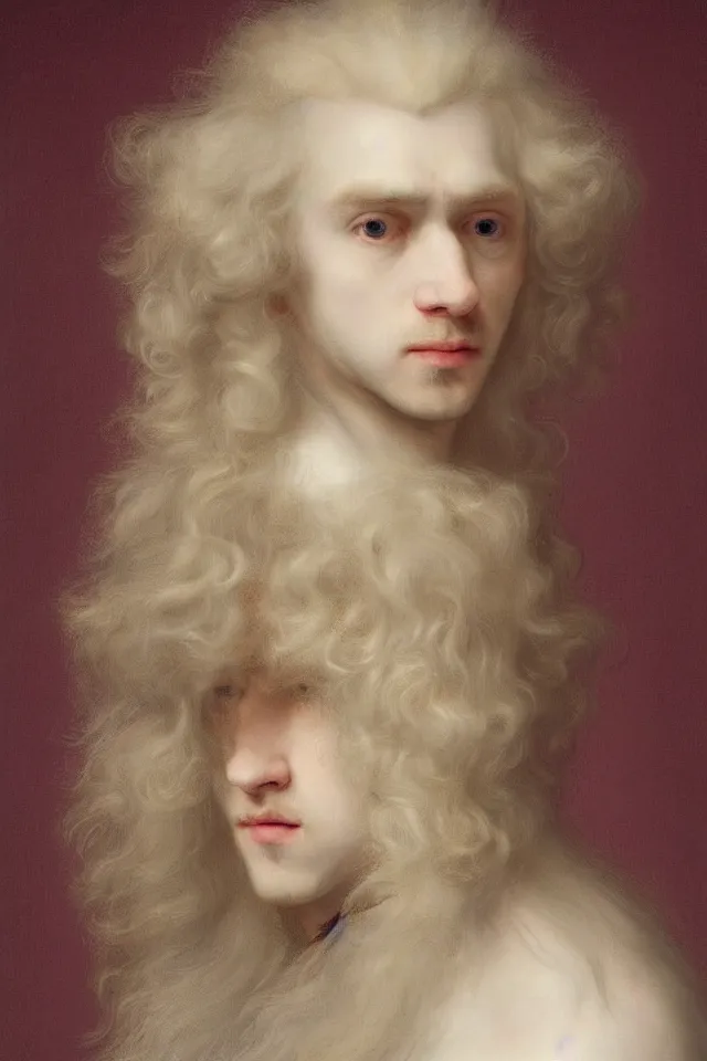 Prompt: a beautiful hyper real portrait of pretty pale prince Lucius with long fluffy curly platinum gold blond hair, art by rembrandt
