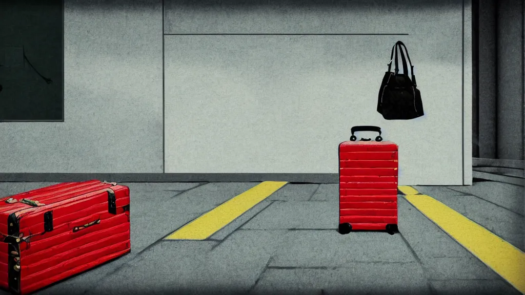 Image similar to an explorer's luggage on the train platform, rural japan, a collage painting, in the style of wes anderson, lola dupre, david hockney, isolated on negative white space background dark monochrome neon spraypaint accents volumetric octane render